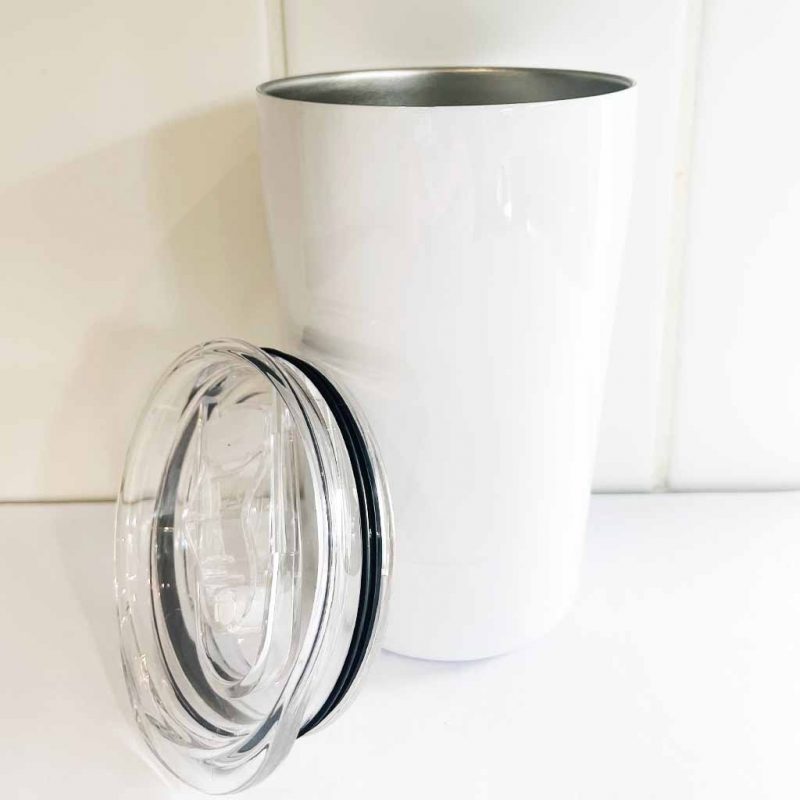 12 oz stainless steel milk beer tumbler sublimation blank lid on side angle left