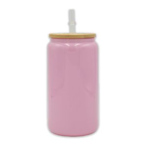 oz Libby Glass Glitter Pink Bamboo Lid Sublimation Blank Glass With Lid Straw