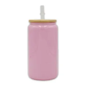 oz Libby Glass Glitter Pink Bamboo Lid Sublimation Blank Glass With Lid Straw