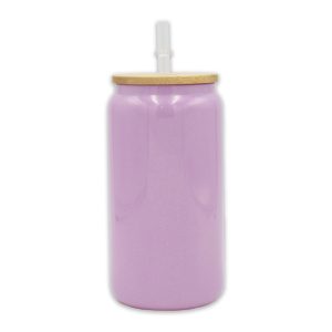 oz Libby Glass Glitter Purple Bamboo Lid Sublimation Blank Glass With Lid Straw
