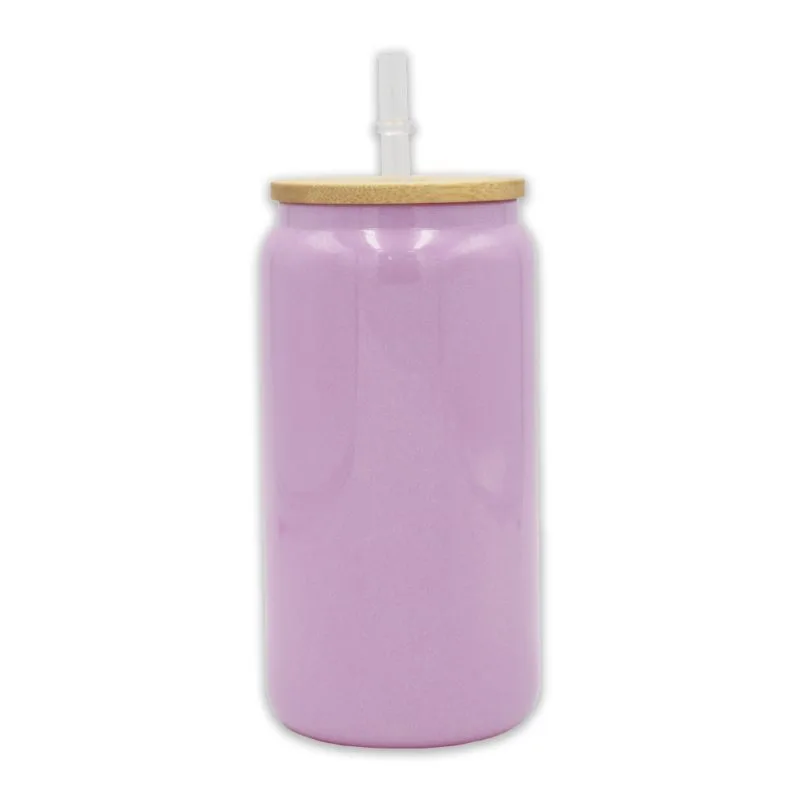 oz Libby Glass Glitter Purple Bamboo Lid Sublimation Blank Glass With Lid Straw