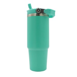 oz Travel Mug Blue With Colourful Handle Teal Sublimation Blank Side Straw Up