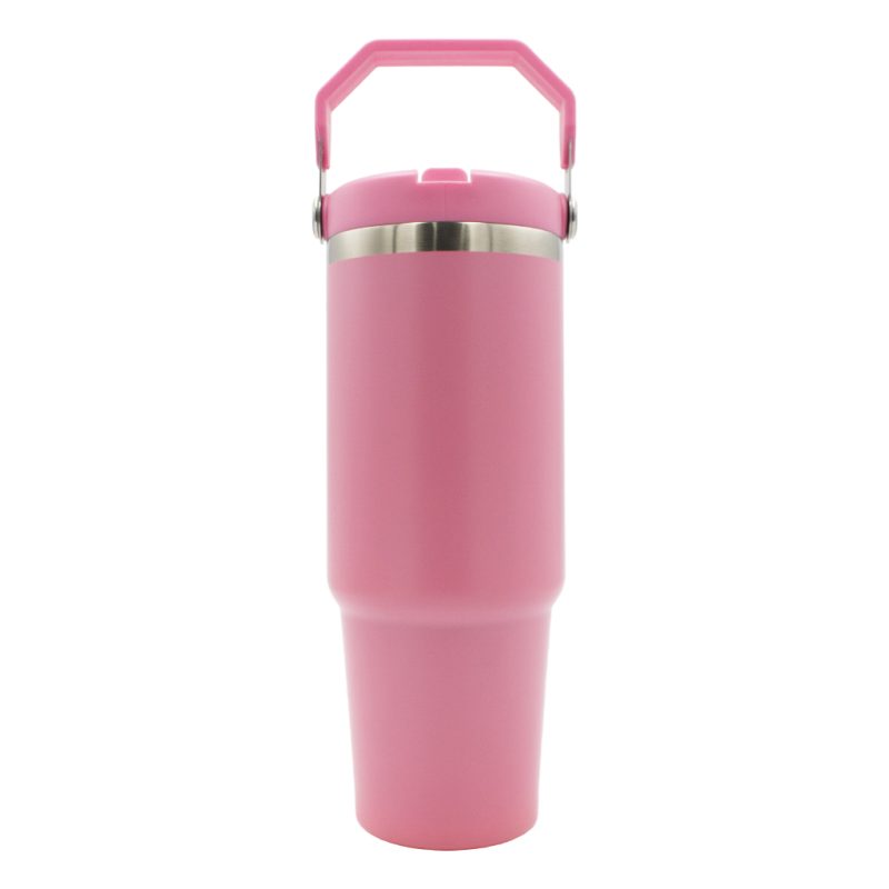 oz Travel Mug Light Pink With Colourful Handle Sublimation Blank Front Shot Handle Up