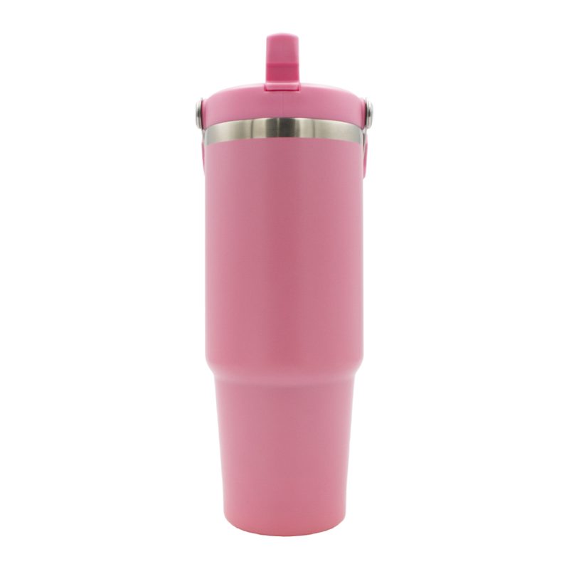 oz Travel Mug Light Pink With Colourful Handle Sublimation Blank Front Shot Straw