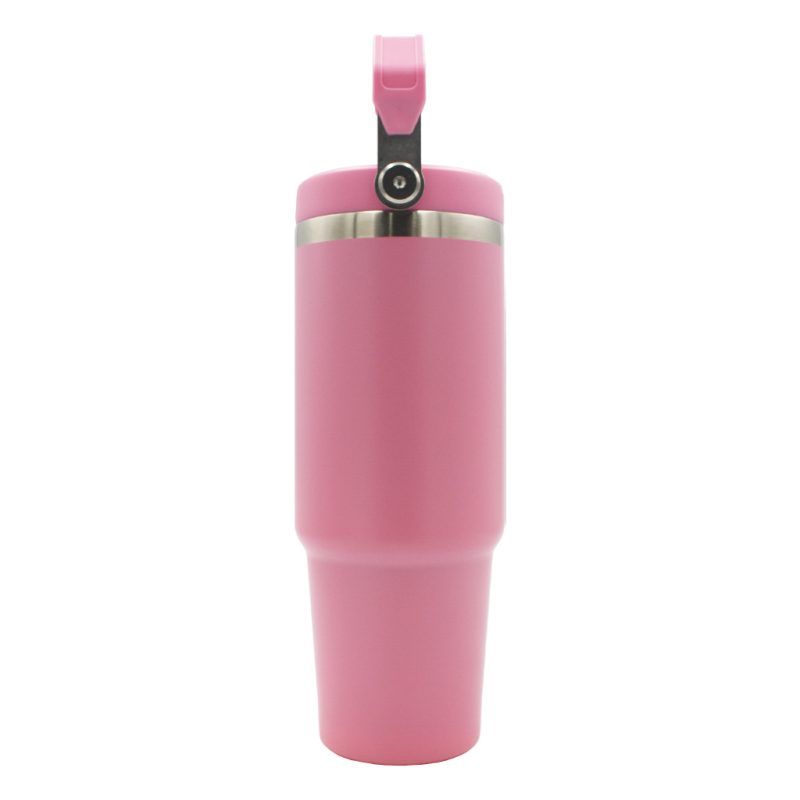 oz Travel Mug Light Pink With Colourful Handle Sublimation Blank Side Shot Handle Up