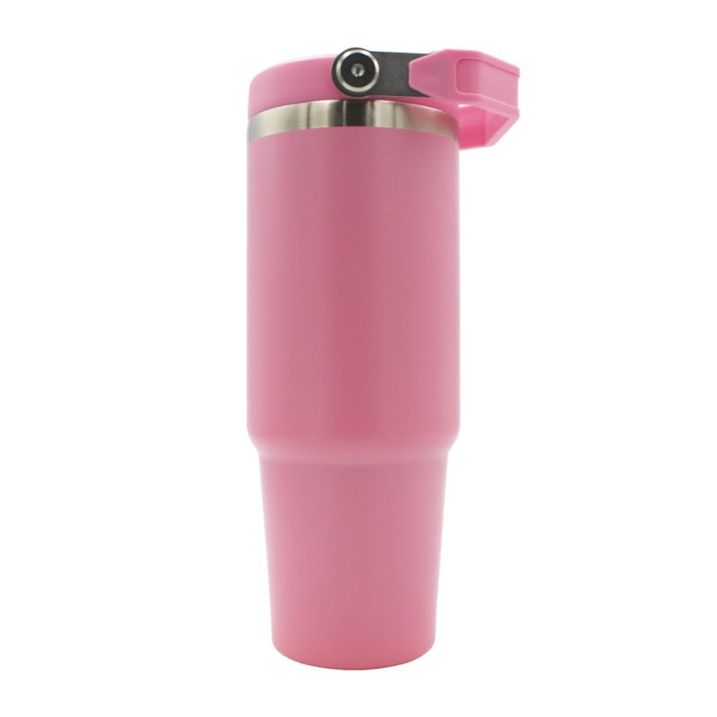 oz Travel Mug Light Pink With Colourful Handle Sublimation Blank Side Shot No Straw