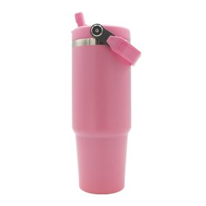 oz Travel Mug Light Pink With Colourful Handle Sublimation Blank Side Shot Straw