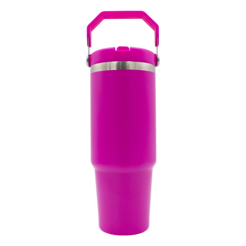 oz Travel Mug Pink With Colourful Handle Sublimation Blank Front Handle Up