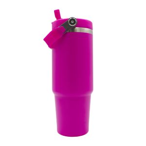 oz Travel Mug Pink With Colourful Handle Sublimation Blank Side Straw