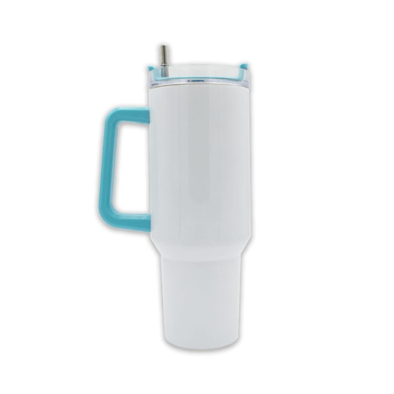 oz Travel Mug With Colourful Handle Blue Sublimation Blank Side Shot With Straw