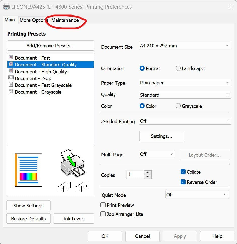 Epson Printer Preferences Maintenance