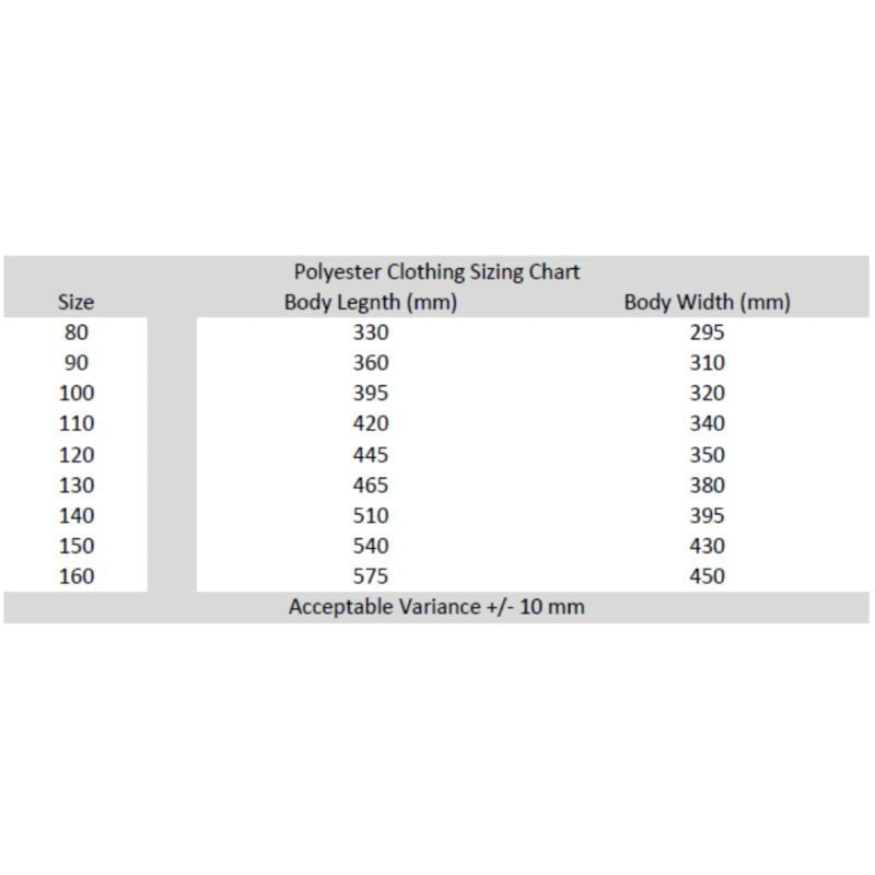 Kids Polyester Clothing Sizing Chart Image