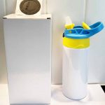 Kids Water Bottle Sublimation Blank Blue Handle Yellow Lid Side Kids Water Bottle Sublimation Blank Blue Handle Yellow Lid Side