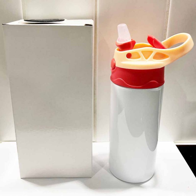Kids Water Bottle Sublimation Blank Peach Handle Red Lid Side
