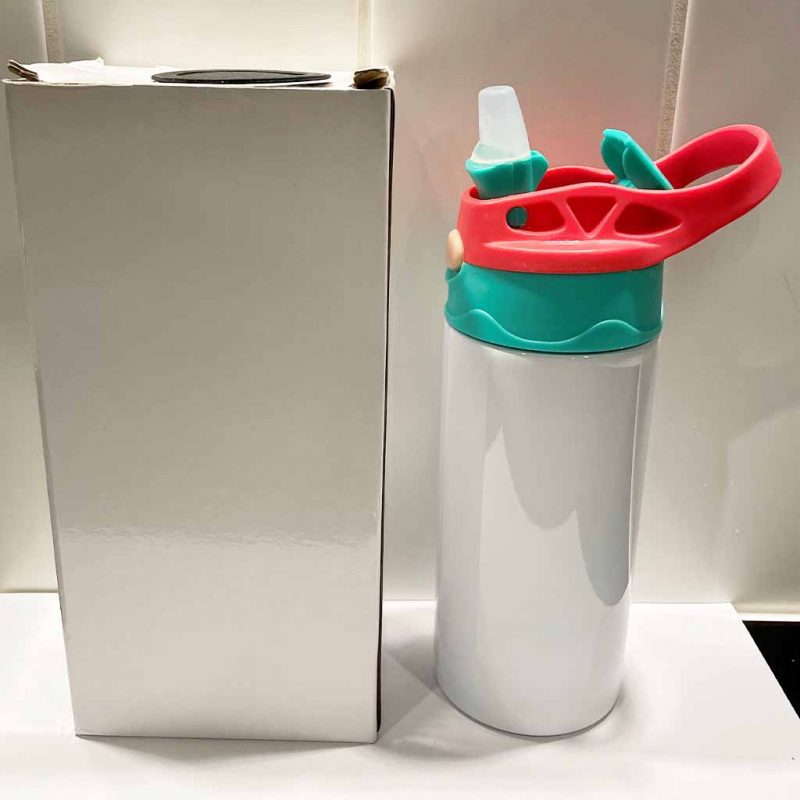 Kids Water Bottle Sublimation Blank Red Handle Green Lid Side