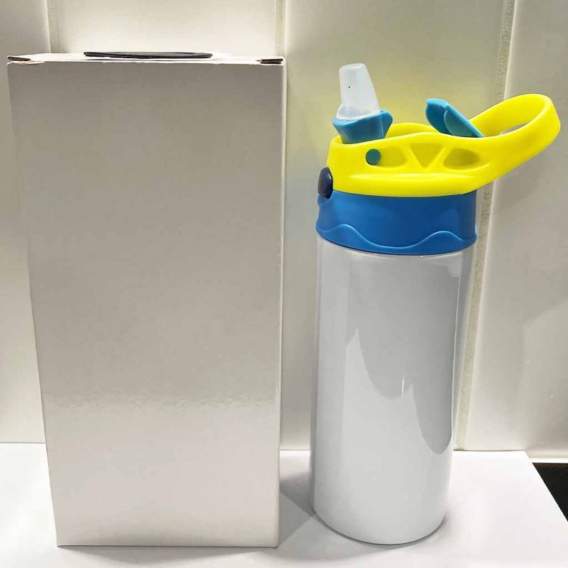 Kids Water Bottle Sublimation Blank Yellow Handle Blue Lid Side