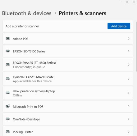 Printers and Scanners Selection in Windows
