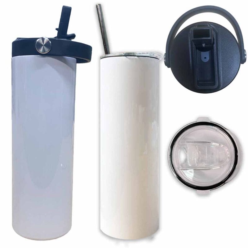 Skinny Tumbler Straight 20oz White Dual Lid Sports Bottle Hidden Straw