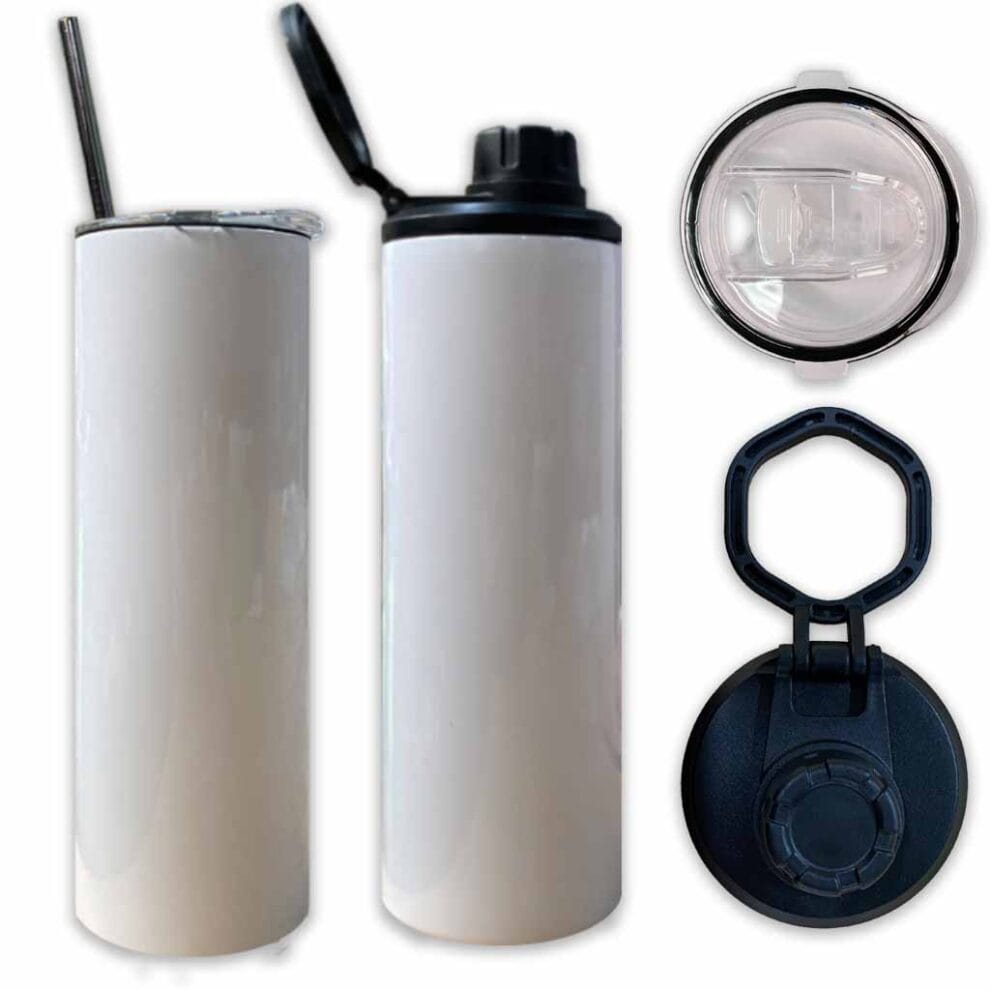 BULK Skinny Tumbler Straight 20oz White Dual Lid Sports Bottle Screw